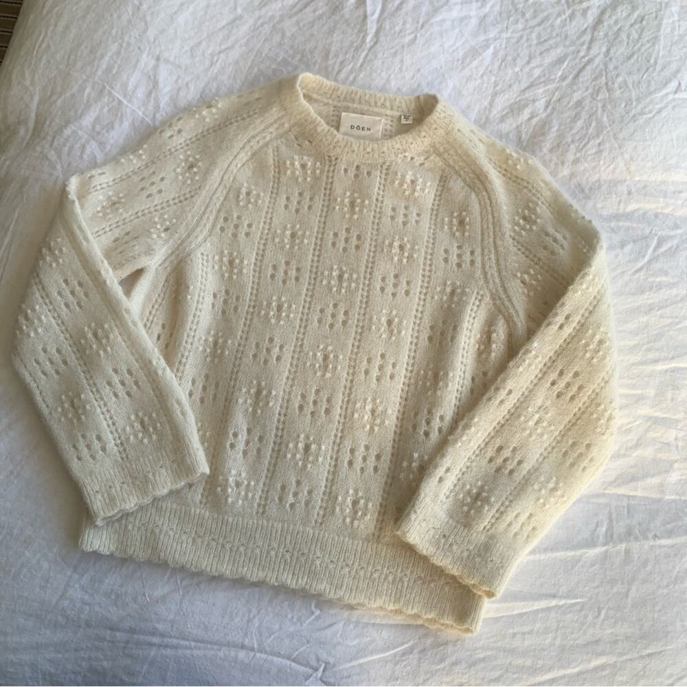 Doen Emiliana Alpaca Wool Pointelle Crewneck 3/4 Sleeve Knit Sweater Top Ivory - Picture 6 of 11